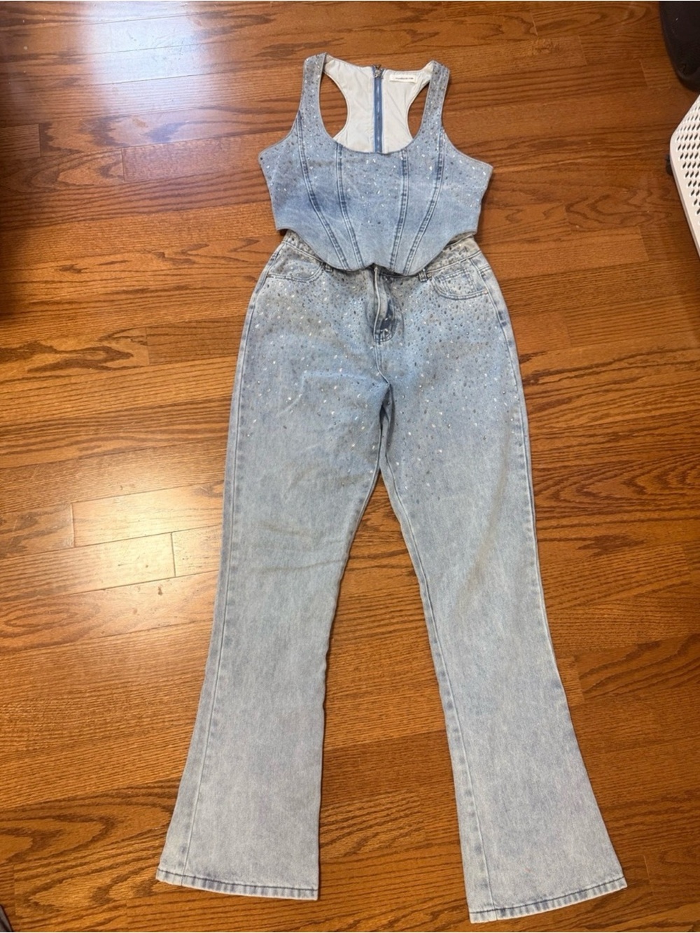 Maniere De Voir Rhinestone Denim Corset Top & Flare Jean Set Size 8 Y2K Crystals - Picture 3 of 3